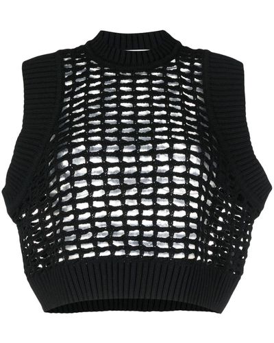 Nude Crew-neck Mesh Knitted Top - Black