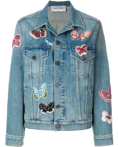 Valentino Jeansjacke mit aufgestickten Schmetterlingen - Blau