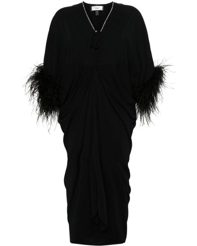 Nissa Vestido midi con ribete de plumas - Negro