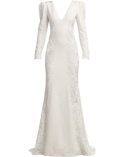 Tadashi Shoji Irelina Puff-sleeve Embroidered Gown - White