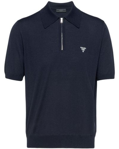Prada Logo-embroidered Short-sleeved Wool Polo Shirt - Blue