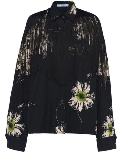 Prada Floral-print Fringed Shirt - Black