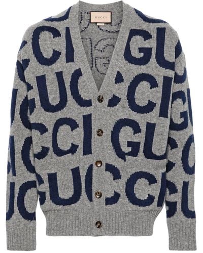 Gucci Cardigan en laine à logo intarsia - Bleu