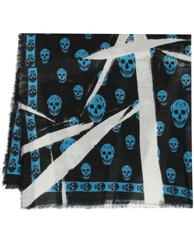 Alexander McQueen Slashed Schal mit Totenkopf-Print - Blau