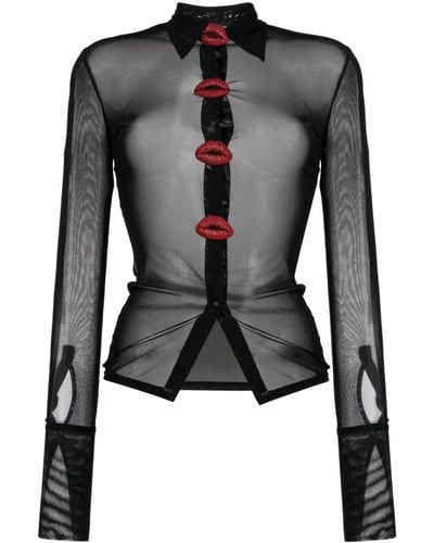 David Koma Camisa translúcida con bordado Crystal Lip - Negro