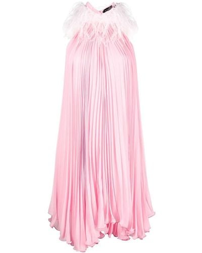 Styland Feather-trim Pleated Dress - Pink