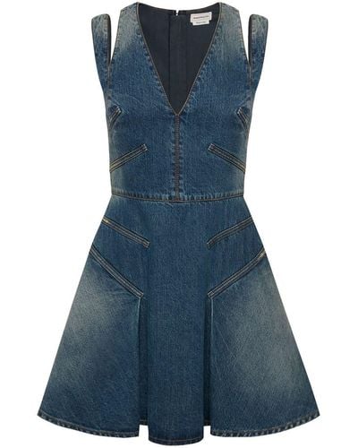 Alexander McQueen Short Flared Denim Dress - Blue