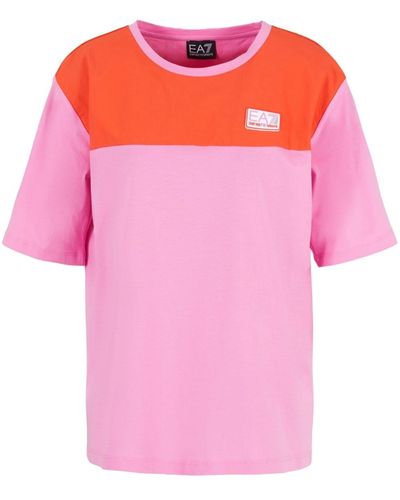 EA7 T-shirt en coton à design colour block - Rose