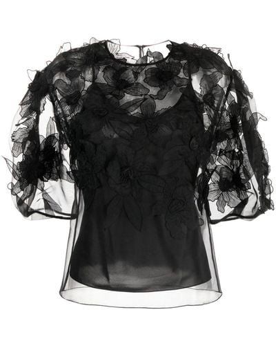 Carolina Herrera Floral-appliqué Silk Blouse - Black