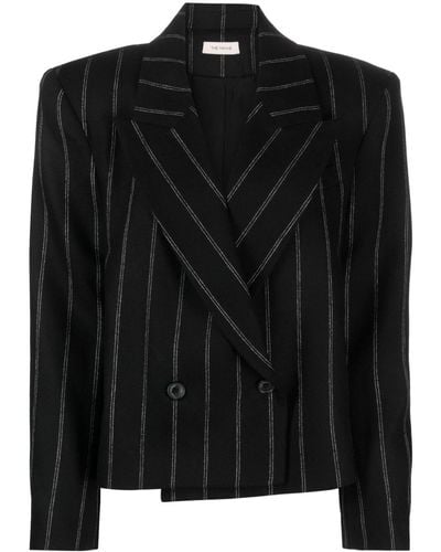 The Mannei Striped Double-breasted Wool Blazer - Black