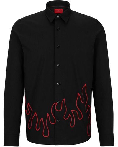 HUGO Flame-embroidery Stretch-cotton Shirt - Black
