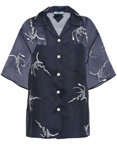 Prada Seidenhemd mit floraler Stickerei - Blau