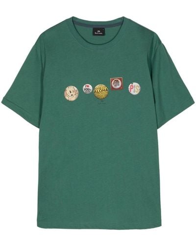 PS by Paul Smith Badges-print Organic-cotton T-shirt - Green