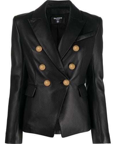 Balmain Blouson noir en cuir à 6 boutons