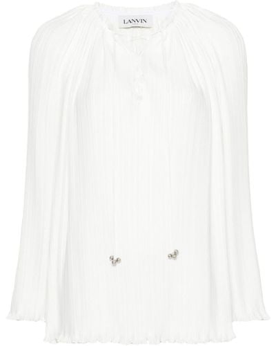 Lanvin Long Sleeve Pleated Blouse Open Neck - White