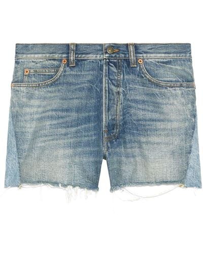 Gucci Patchwork Detailing Frayed Denim Shorts - Blue