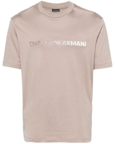 Emporio Armani Logo-embroidered Cotton T-shirt - Natural