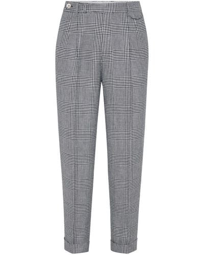 Brunello Cucinelli Linen-blend Checked Pants - Gray