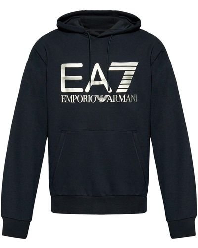 EA7 Logo-print Cotton Hoodie - Blue