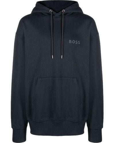 BOSS Logo-print Cotton Hoodie - Blue