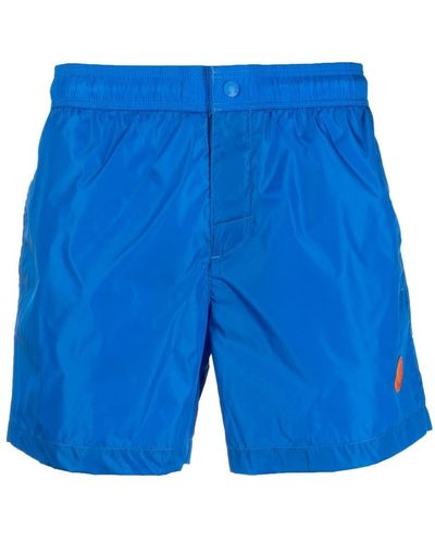 Moncler Nylon Swim Shorts With Logo In Jacquard - Blue