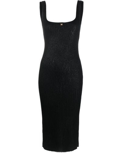 Pinko Semi-sheer Ribbed-knit Midi Dress - Black
