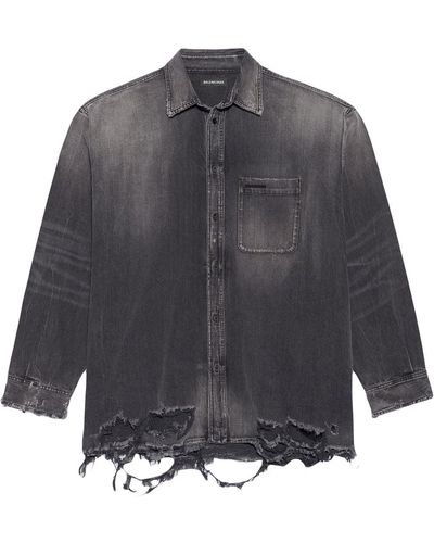 Balenciaga Destroyed-hem Denim Shirt - Gray