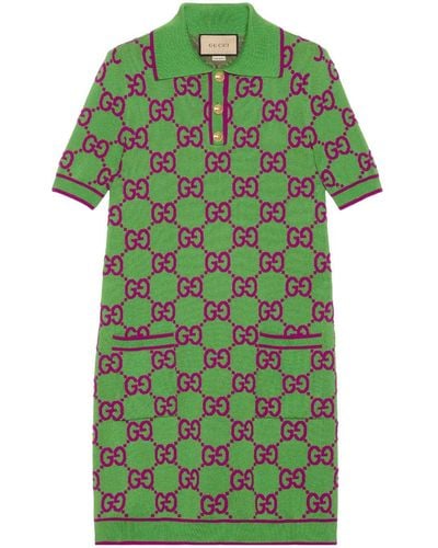 Gucci Vestido Tipo Polo de Algodón y Seda con GG - Verde