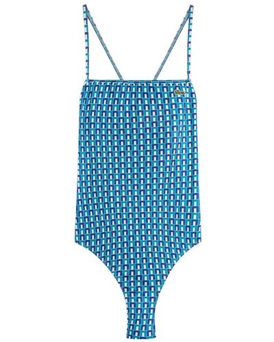 Lacoste Geometric-print Criss-cross Swimsuit - Blue