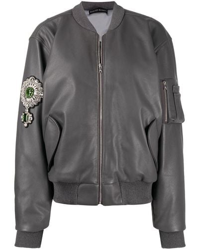 David Koma Embellished Leather Bomber Jacket - Gray