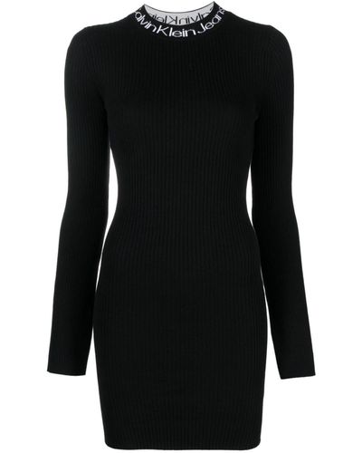 Calvin Klein Logo-intarsia Ribbed-knit Dress - Black