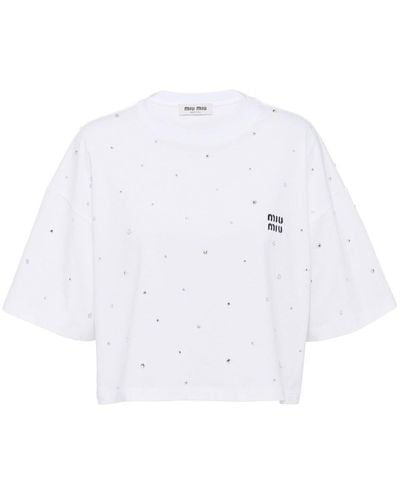 Miu Miu Crystal-embellished Cotton T-shirt - White