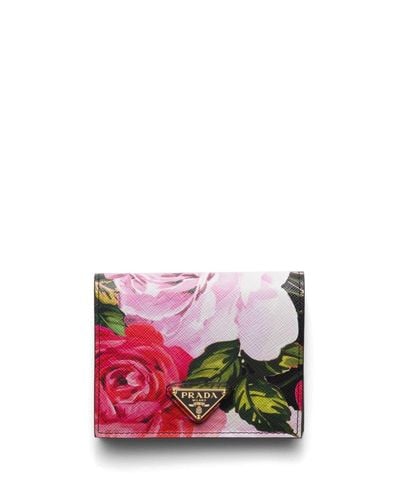 Prada Small Floral-print Leather Wallet - ピンク