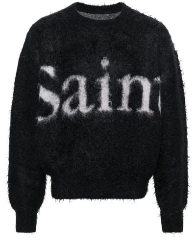 SAINT Mxxxxxx Gebürsteter Intarsien-Pullover mit Logo - Schwarz