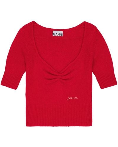 Ganni Ruched Wool Top - Red