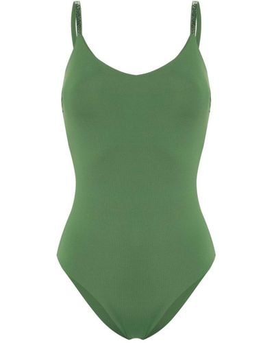Fisico Badeanzug mit strassverzierten Trägern - Grün