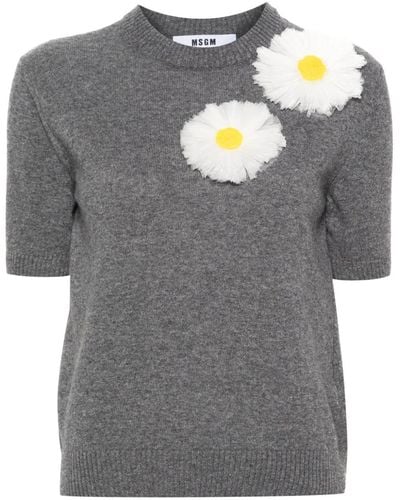 MSGM Floral-appliqué Knitted Top - Grey