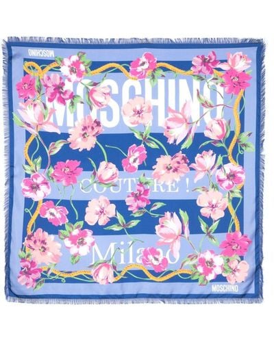 Moschino Floral Logo-print Silk Scarf - Blue