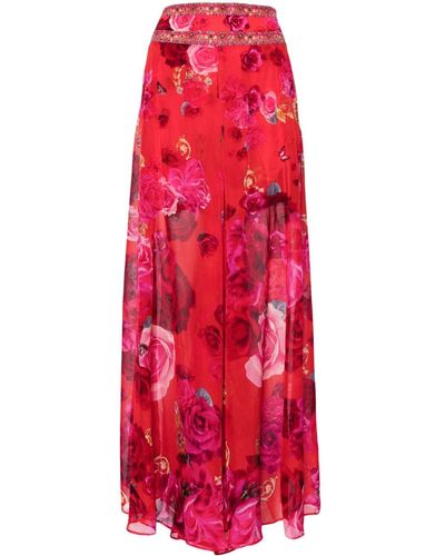 Camilla Floral-print Silk Wide-leg Trousers - Red