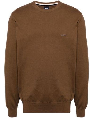 BOSS Logo-embroidered Cotton Sweater - Brown