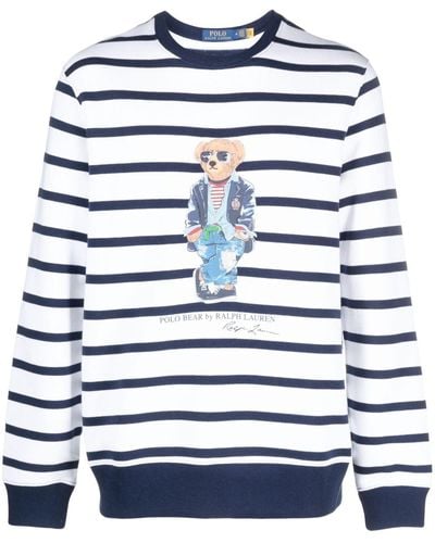 Polo Ralph Lauren Striped Crew Neck Sweatshirt mit Polo Bärendruck - Bleu