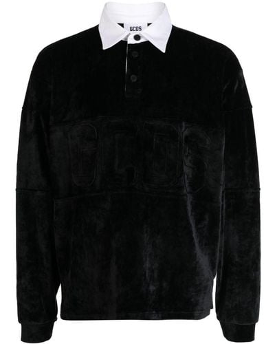 Gcds Logo-embroidered Velour Polo Shirt - Black