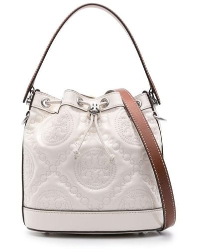 Tory Burch Double T Quilted-monogram Bucket Bag - Gray