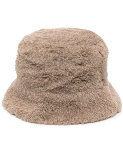 Max Mara Logo-patch Faux-fur Bucket Hat - Natural