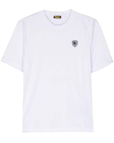 Blauer Strukturiertes T-Shirt mit Logo-Print - Weiß