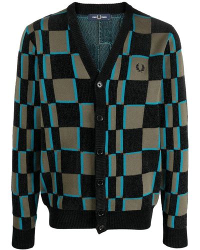 Fred Perry Logo-embroidered Check-pattern Cardigan - Green