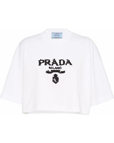 Prada T-shirt crop à logo brodé - Blanc