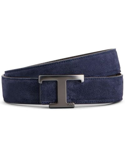 Tod's New T Leather Reversible Belt - Blue