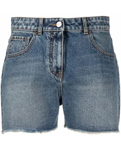 Palm Angels Palm Tree-embroidered Frayed Denim Shorts - Blue