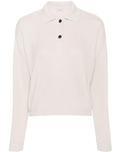 Brunello Cucinelli Ribbed-knit Polo Shirt - White